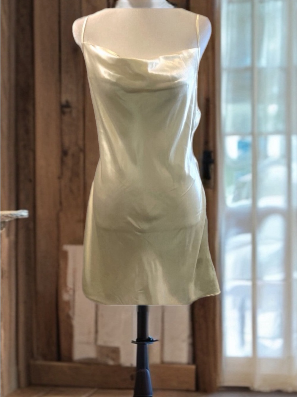 white romantic coquette cowl neck slip dress